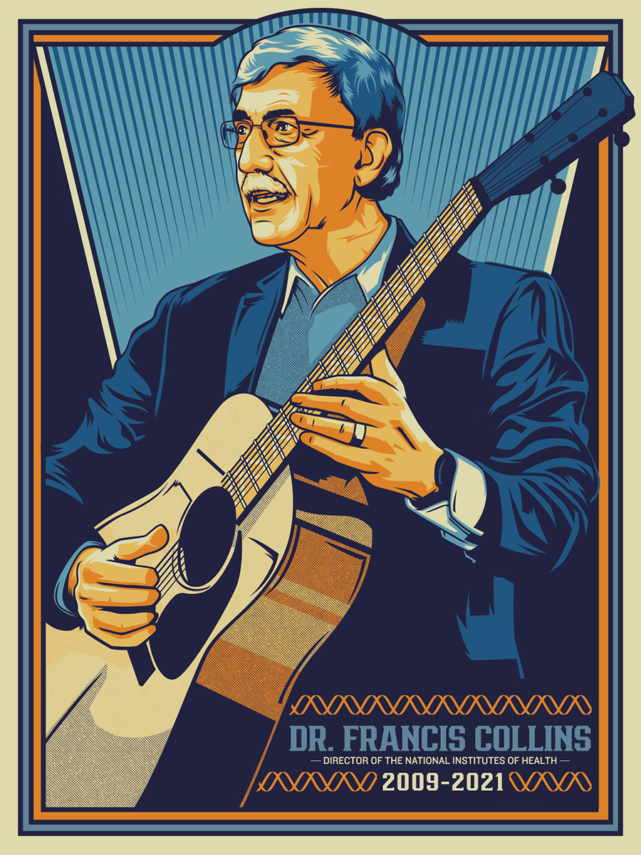 An illustrated portrait of Dr. Collins holding a guitar