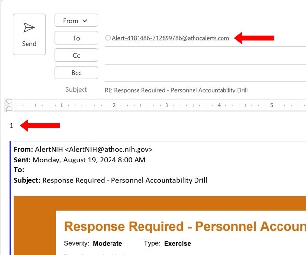Screenshot of email when replying to alert from AtHoc