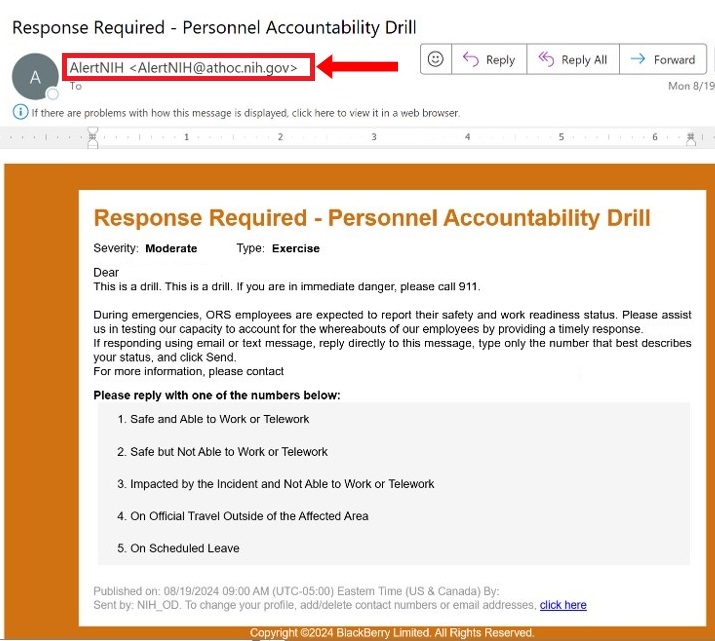 screenshot of email received from AtHoc