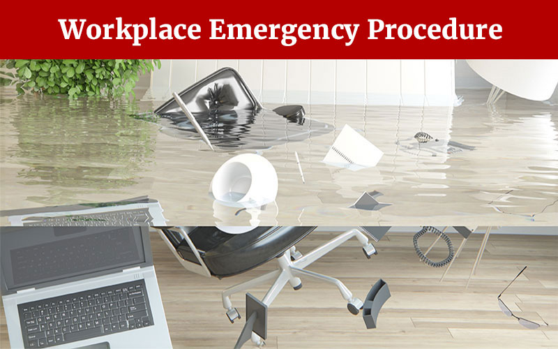 A picture of office furniture and equipment floating in clear water with the words Workplace Emergency Procedures.