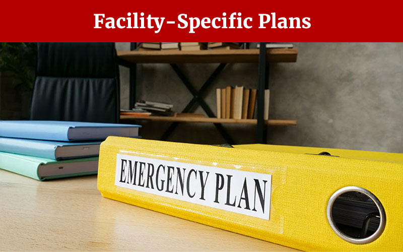 A picture of a yellow binder labeled Emergency Plan with the words Facility-Specific Plans across the top.