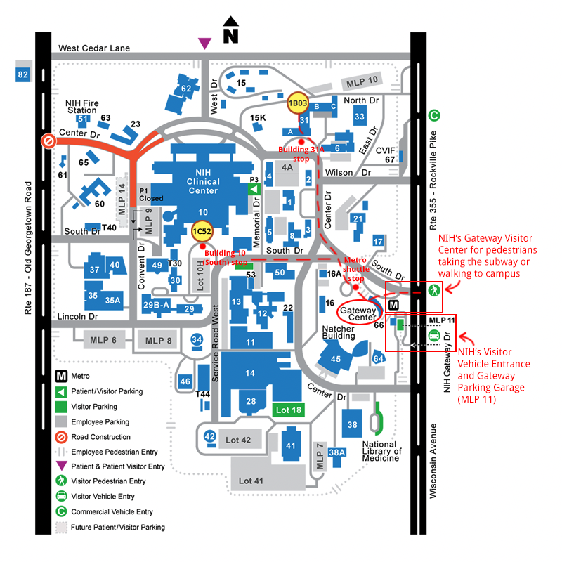 visitor map directing visitors to either Building 31 or Building 10 from the Gateway Visitor Center and Visitor Vehicle Entrance