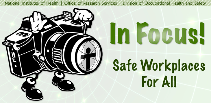 Drawing of a camera taking a photo of the phase "In Focus!  Safe Workplaces for All"