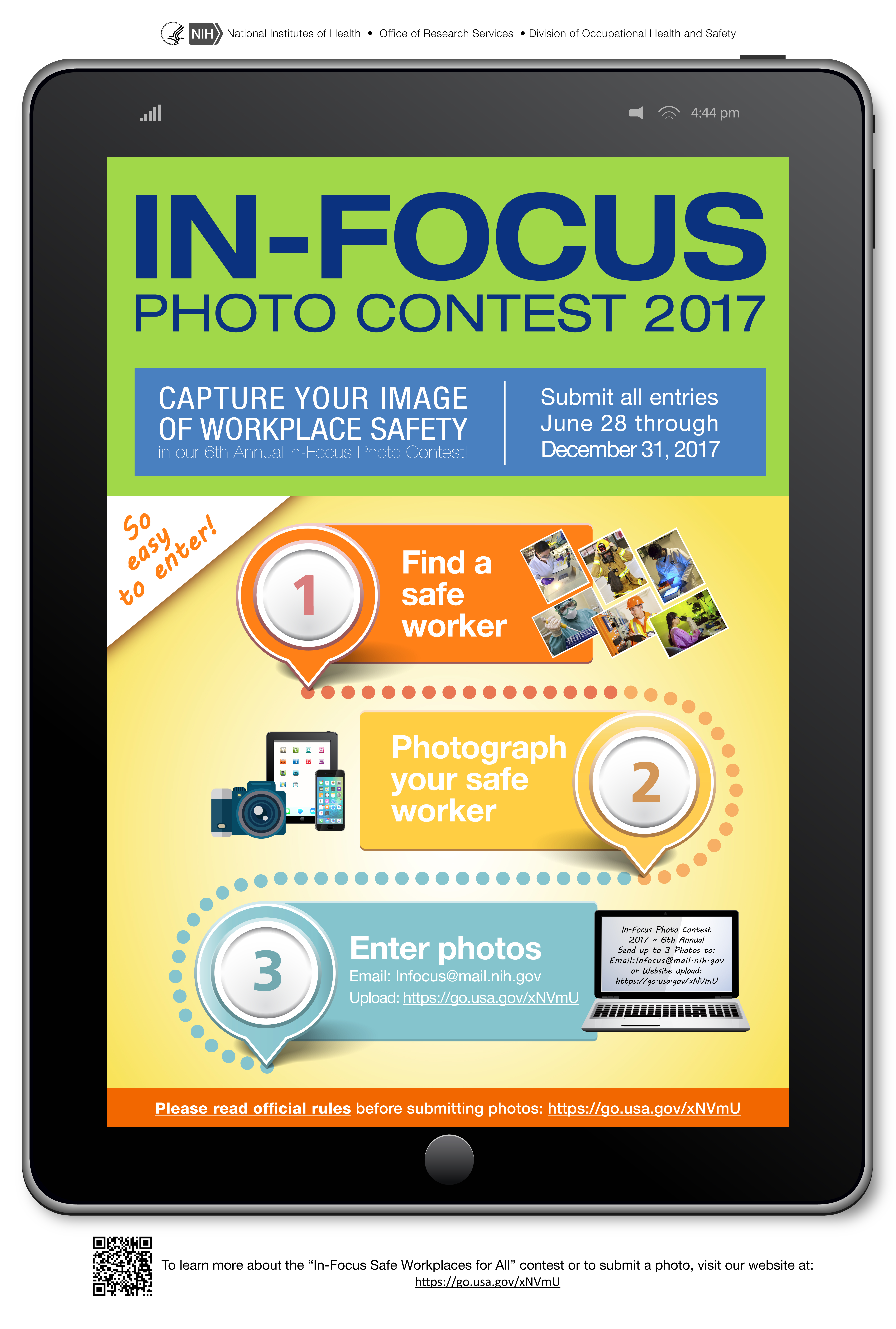 Decorative picture of In Focus Flyer that promotes finding a safe worker and photographing them for the contest.