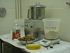 Food preparation table with blender, banana, etc.